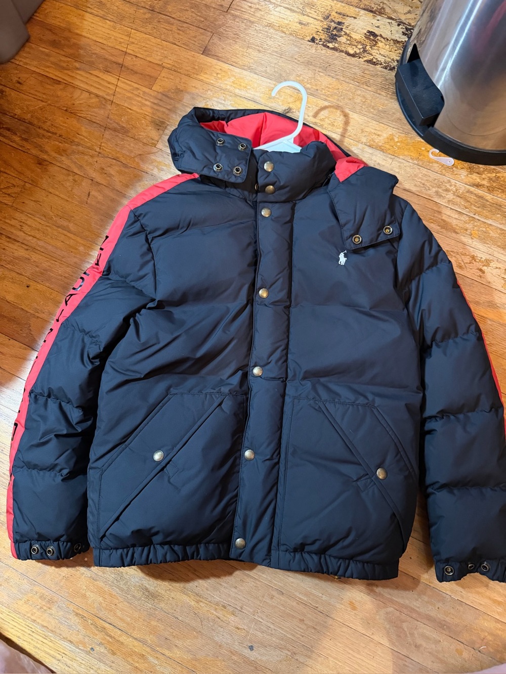 Polo Ralph Lauren Boys Detachable Hood Down Puffer Jacket Zip Navy/Red 14-16